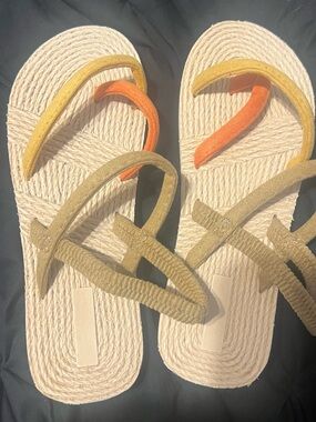 Women's Neutral Rope Sandals with Yellow and Orange Straps